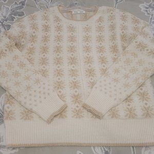Workshop Gold Snowflake Print on Off-White Crew Neck Pullover Sweater Small EUC
